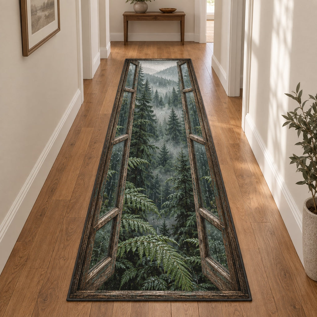 Rainy Forest Window Runner Rug with dimensional printed themed artwork; representative AI-generated mockup.