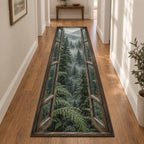 Rainy Forest Window Runner Rug with dimensional printed themed artwork; representative AI-generated mockup.