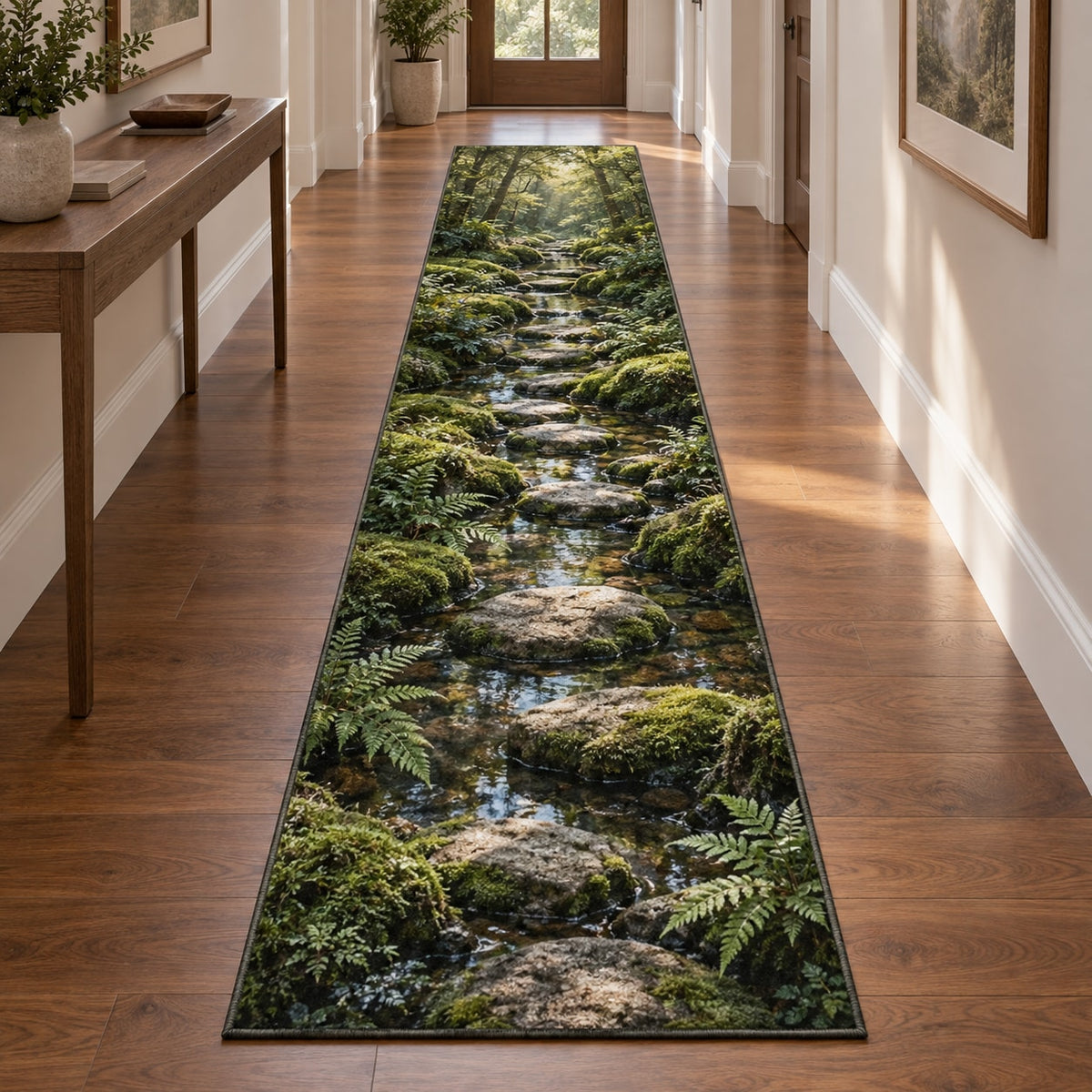 Moss and Stones Runner Rug with dimensional printed themed artwork; representative AI-generated mockup.