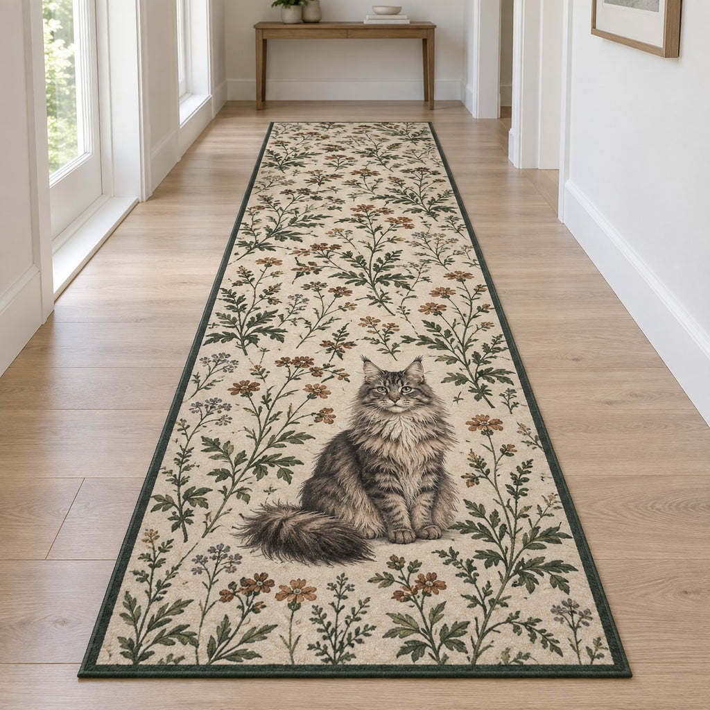 Maine Coon Cat Companion Runner Rug with dimensional printed themed artwork; representative AI-generated mockup.