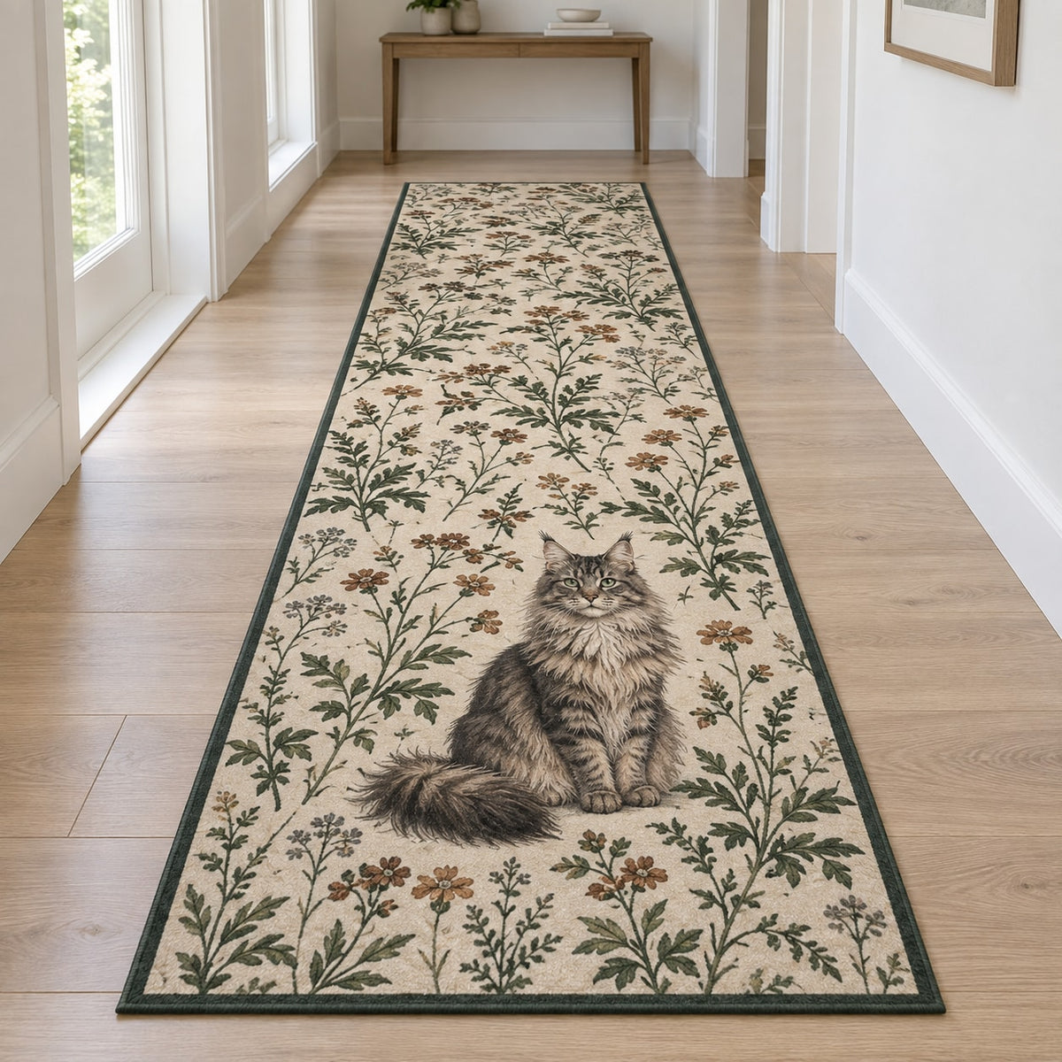 Maine Coon Cat Companion Runner Rug with dimensional printed themed artwork; representative AI-generated mockup.