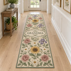 Grandmother Birth Flower Garden Runner Rug with dimensional printed themed artwork; representative AI-generated mockup.