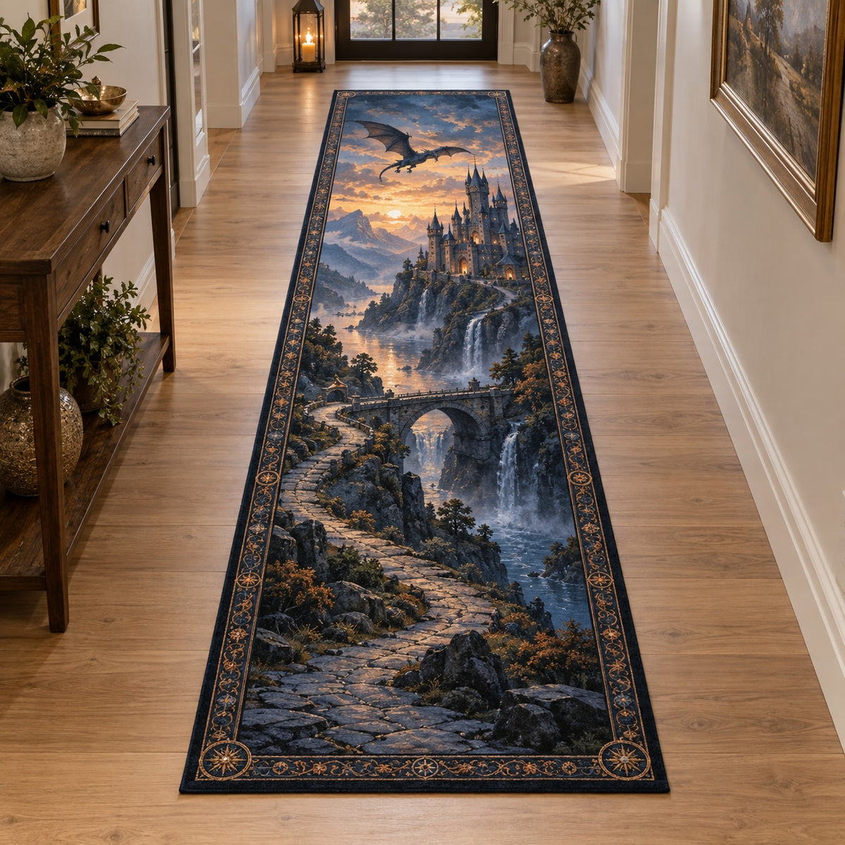 Dragon Castle Runner Rug with dimensional printed themed artwork; representative AI-generated mockup.