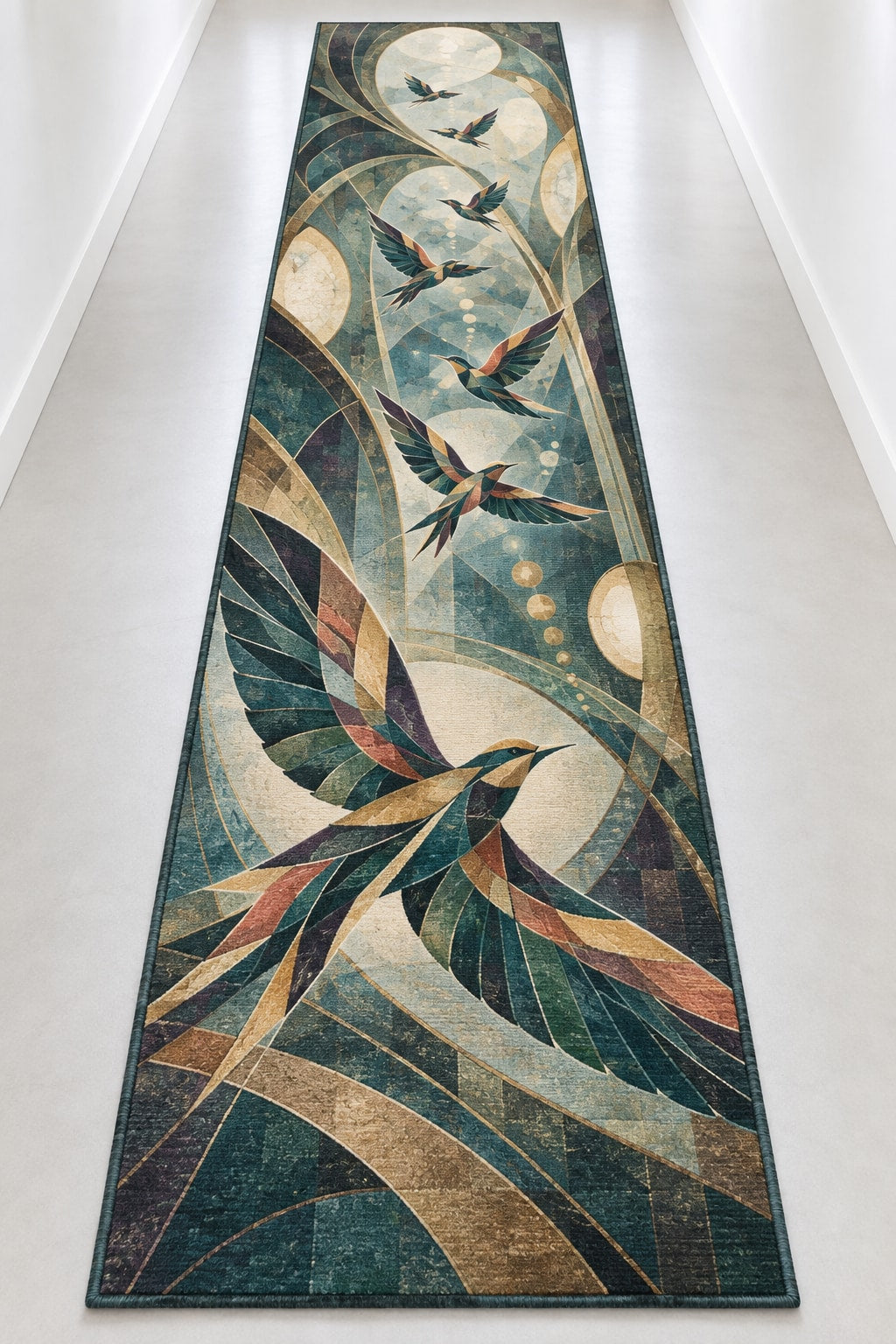 Dawn Chorus Observatory Runner Rug with dimensional printed themed artwork; representative AI-generated mockup.