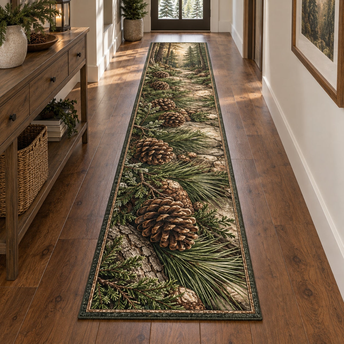 Pinecones and Needles Runner Rug with dimensional printed themed artwork; representative AI-generated mockup.