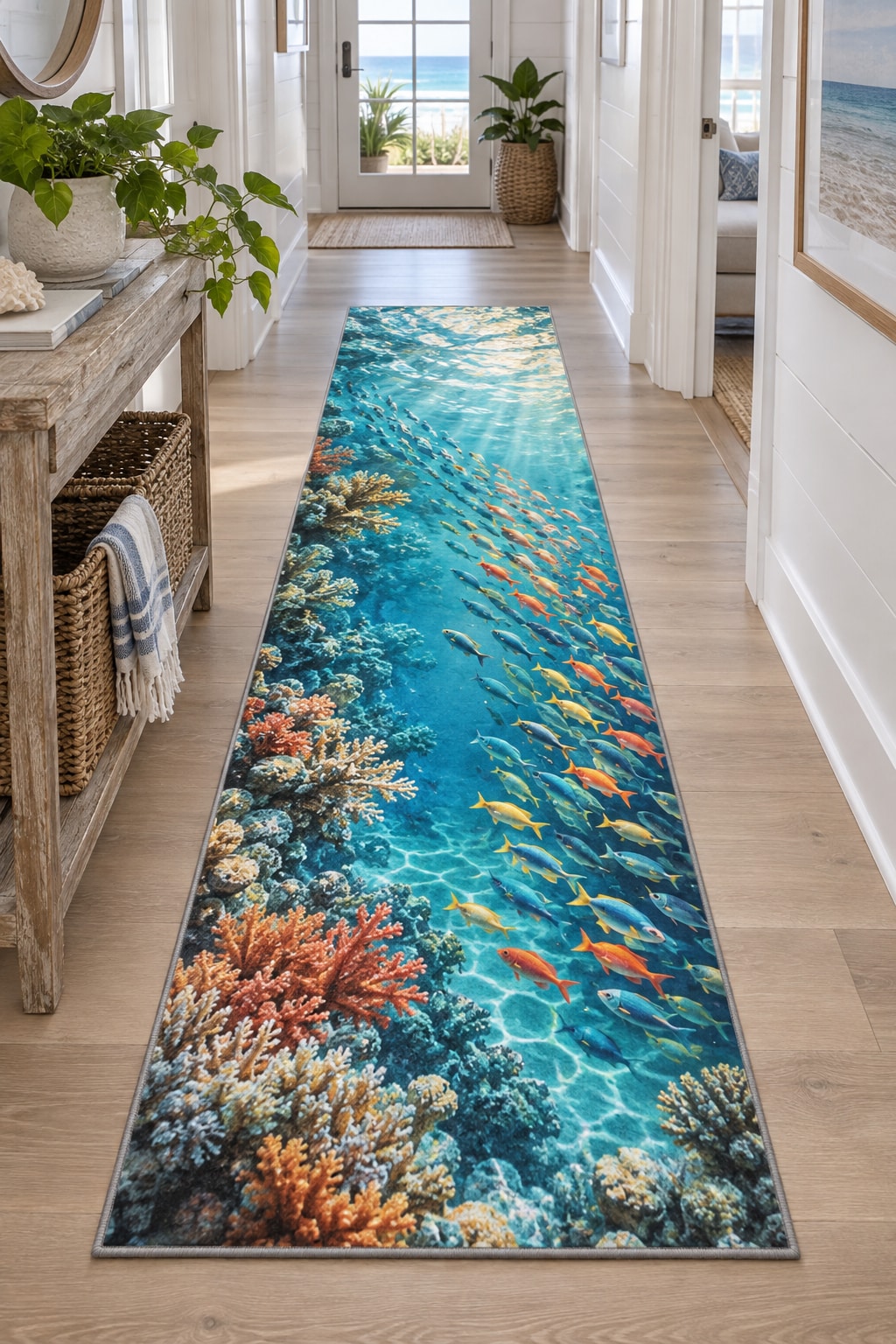 Reef Fish School Runner Rug with dimensional printed themed artwork; representative AI-generated mockup.
