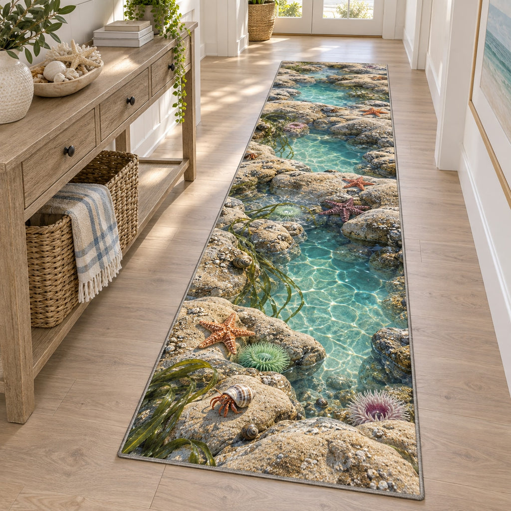 Tide Pool Creatures Runner Rug with dimensional printed themed artwork; representative AI-generated mockup.