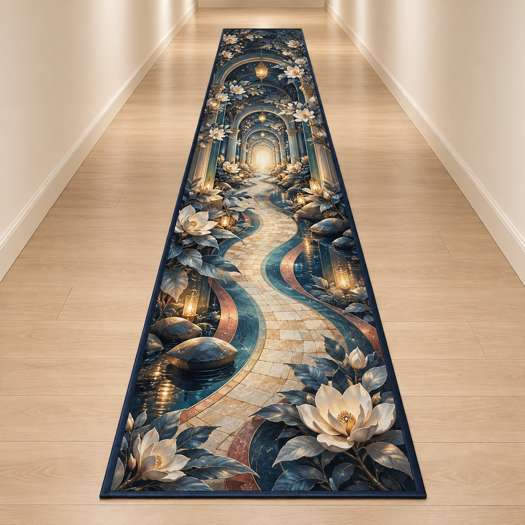 Nurse Care Lantern Atrium Runner Rug with dimensional printed themed artwork; representative AI-generated mockup.