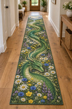 Dragon and Wildflowers Runner Rug with dimensional printed themed artwork; representative AI-generated mockup.