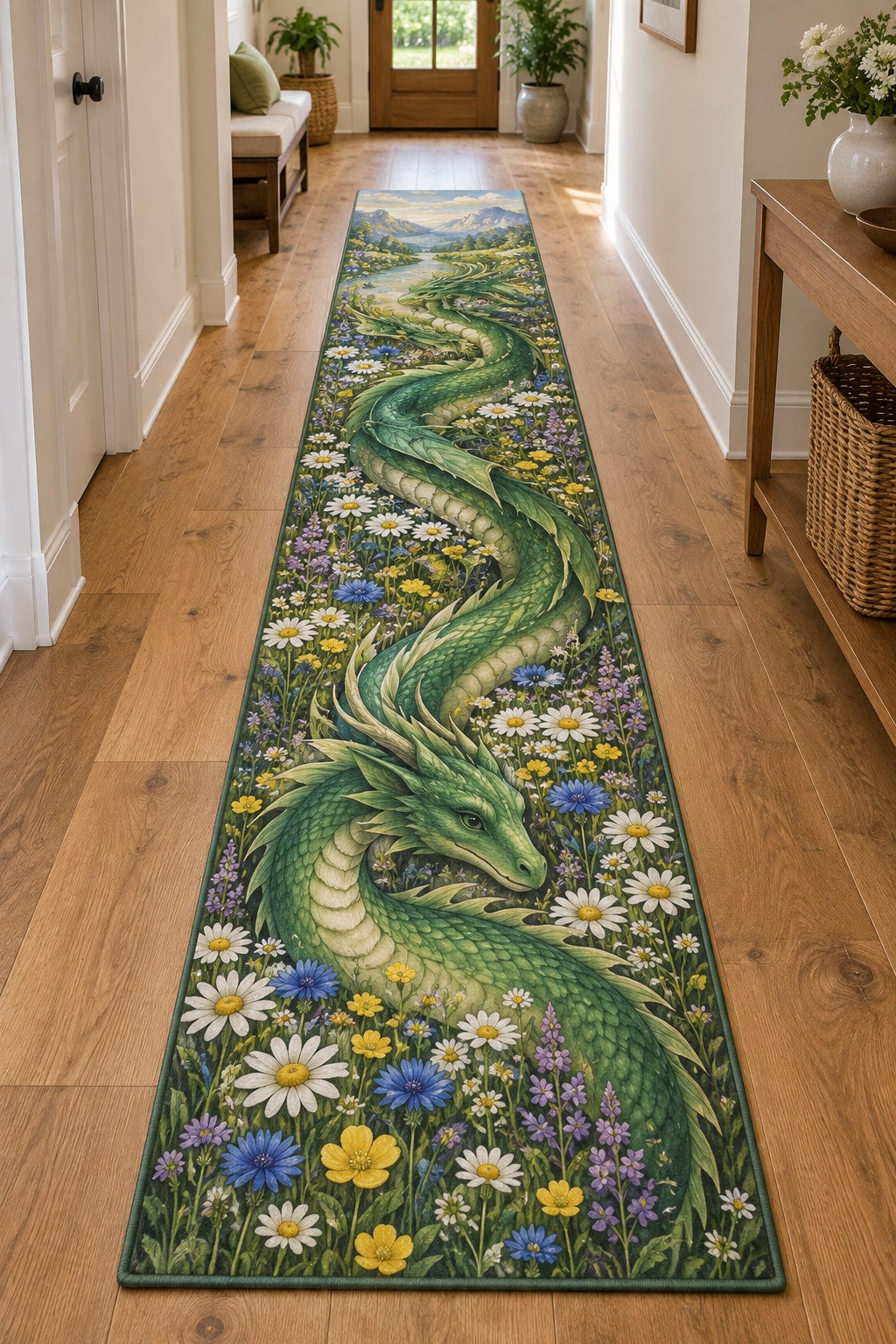 Dragon and Wildflowers Runner Rug with dimensional printed themed artwork; representative AI-generated mockup.