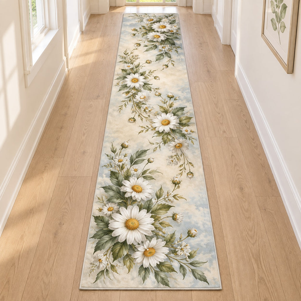 Daisy Chain Runner Rug with dimensional printed themed artwork; representative AI-generated mockup.