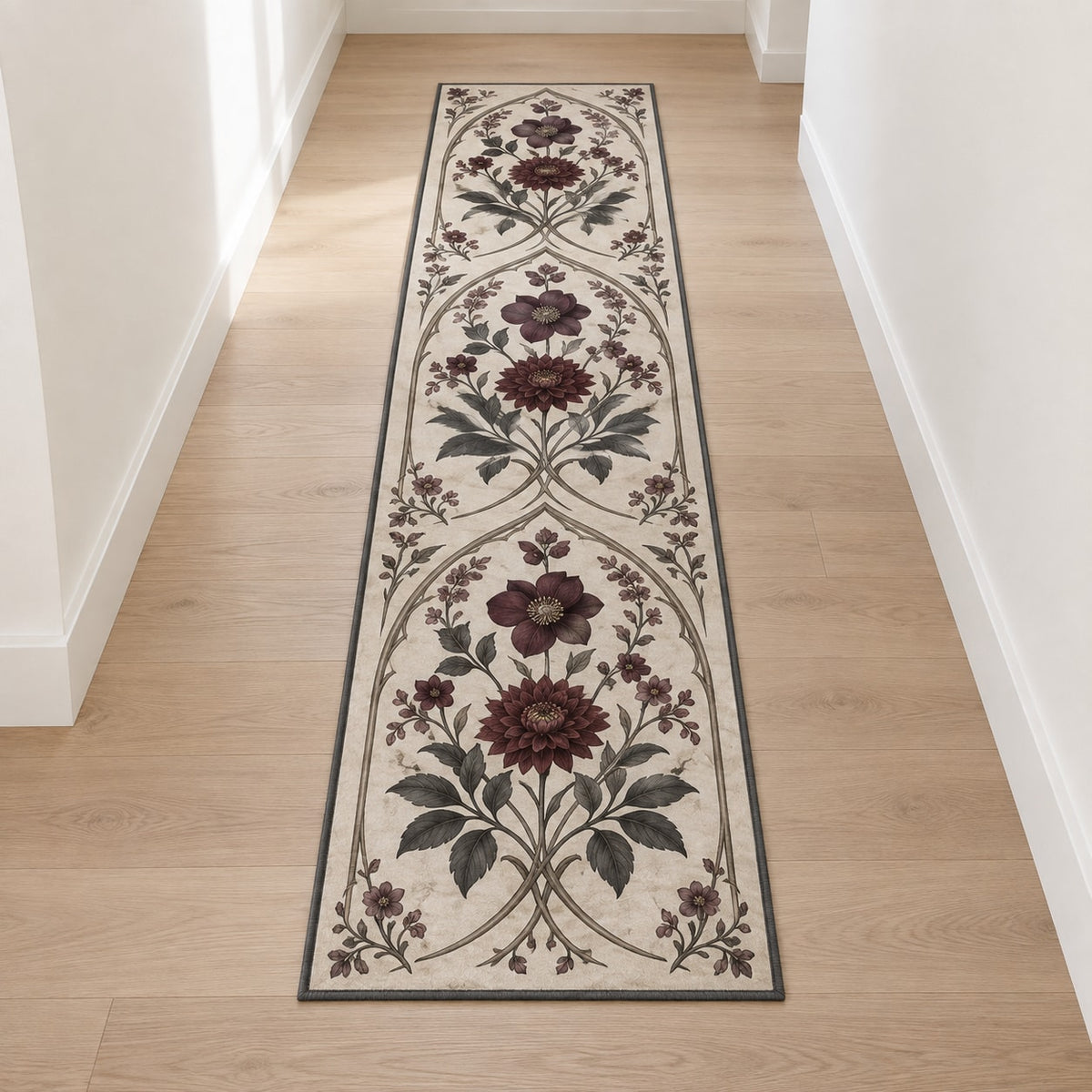 Gothic Botanical Wedding Runner Rug with dimensional printed themed artwork; representative AI-generated mockup.
