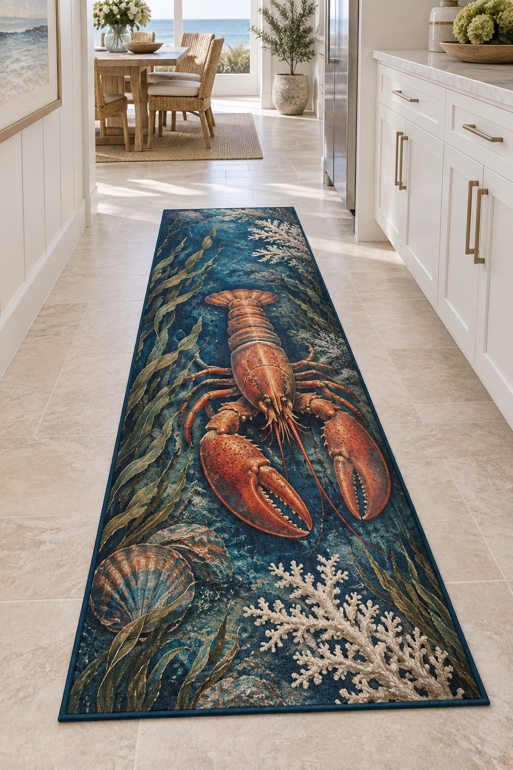 Lobster Coastal Kitchen Runner Rug with dimensional printed themed artwork; representative AI-generated mockup.
