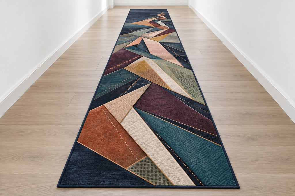 Selvedge Prismfall Runner Rug with dimensional printed themed artwork; representative AI-generated mockup.