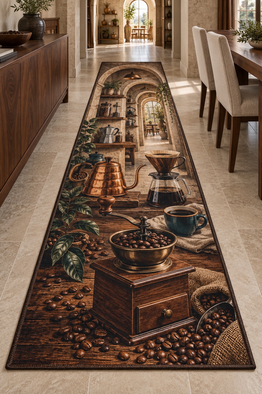 Coffee Brewing Tools Runner Rug with dimensional printed themed artwork; representative AI-generated mockup.