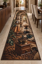 Coffee Brewing Tools Runner Rug with dimensional printed themed artwork; representative AI-generated mockup.