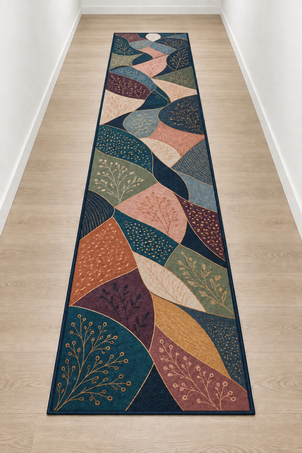 Prismatic Quiltwork Cascade Runner Rug with dimensional printed themed artwork; representative AI-generated mockup.