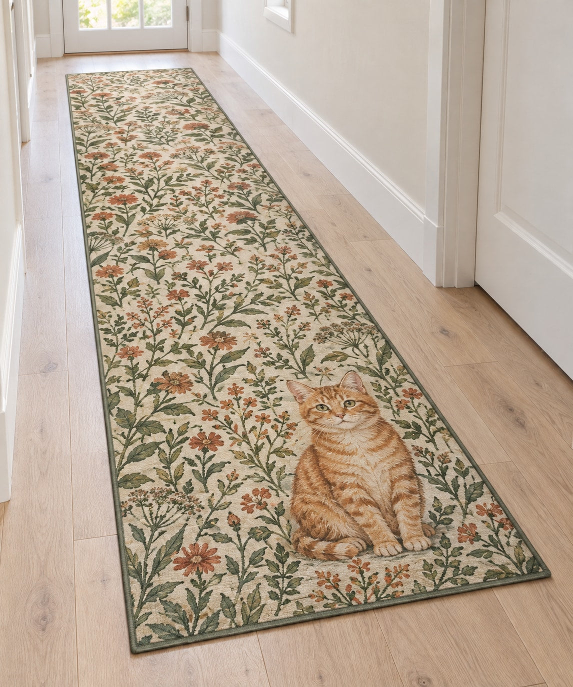 Orange Tabby Cat Companion Runner Rug with dimensional printed themed artwork; representative AI-generated mockup.