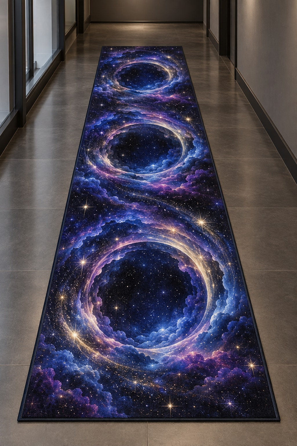 Milestone Birthday Star Portal Runner Rug with dimensional printed themed artwork; representative AI-generated mockup.