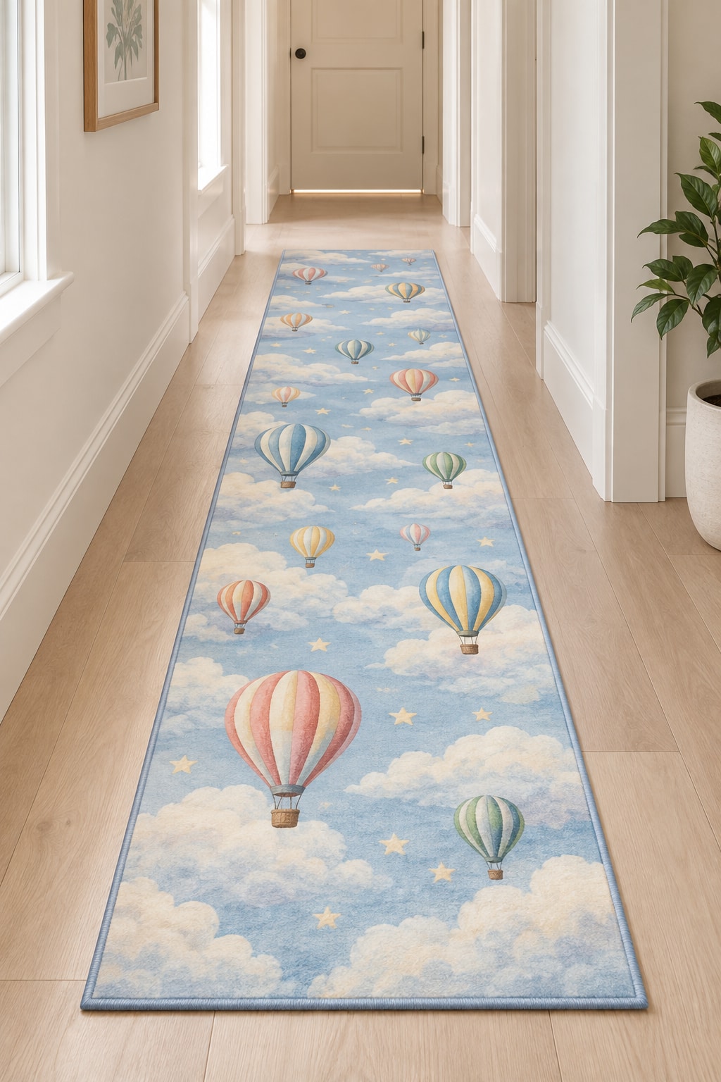 Hot Air Balloon Sky Runner Rug with dimensional printed themed artwork; representative AI-generated mockup.