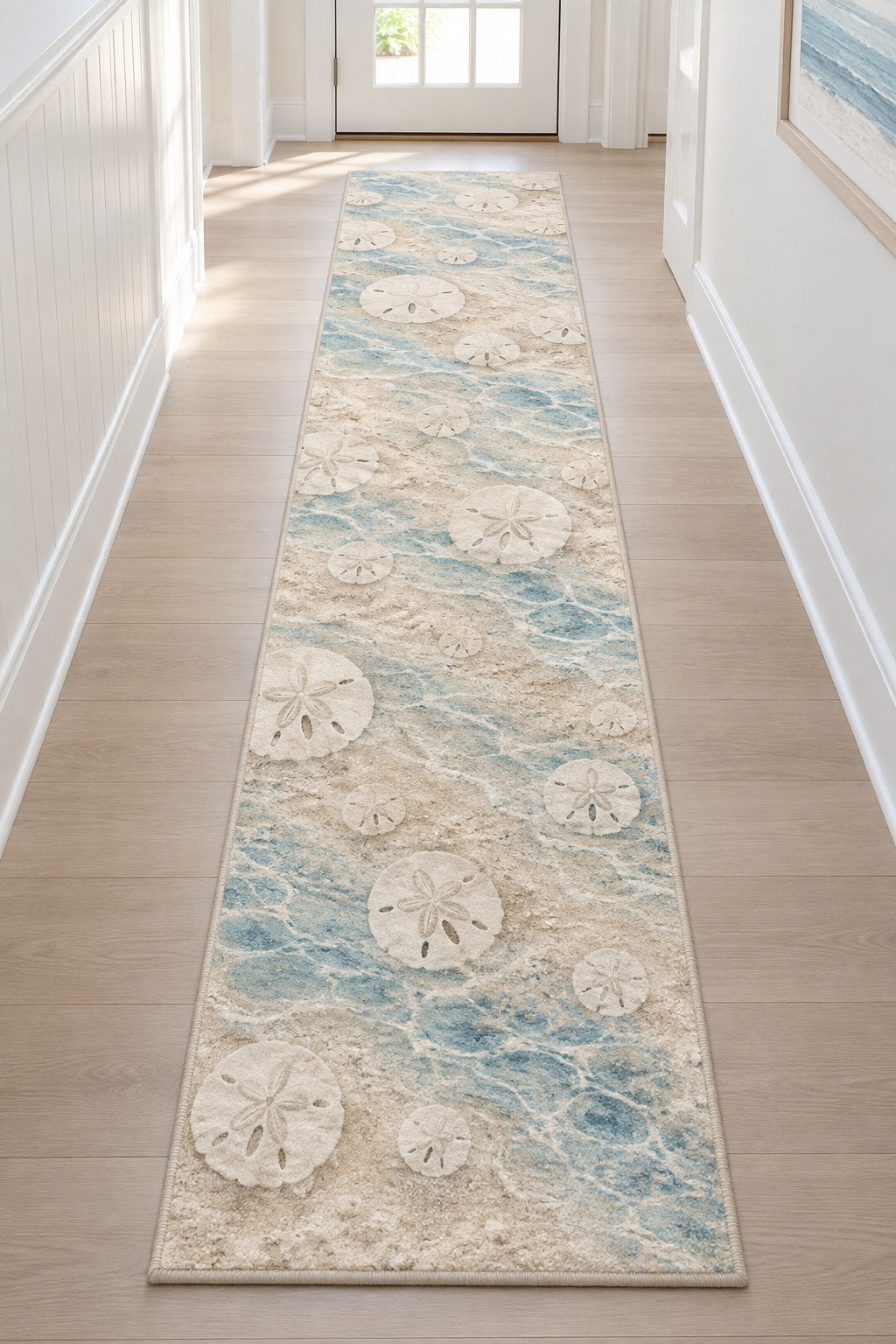 Sand Dollar Pattern Runner Rug with dimensional printed themed artwork; representative AI-generated mockup.