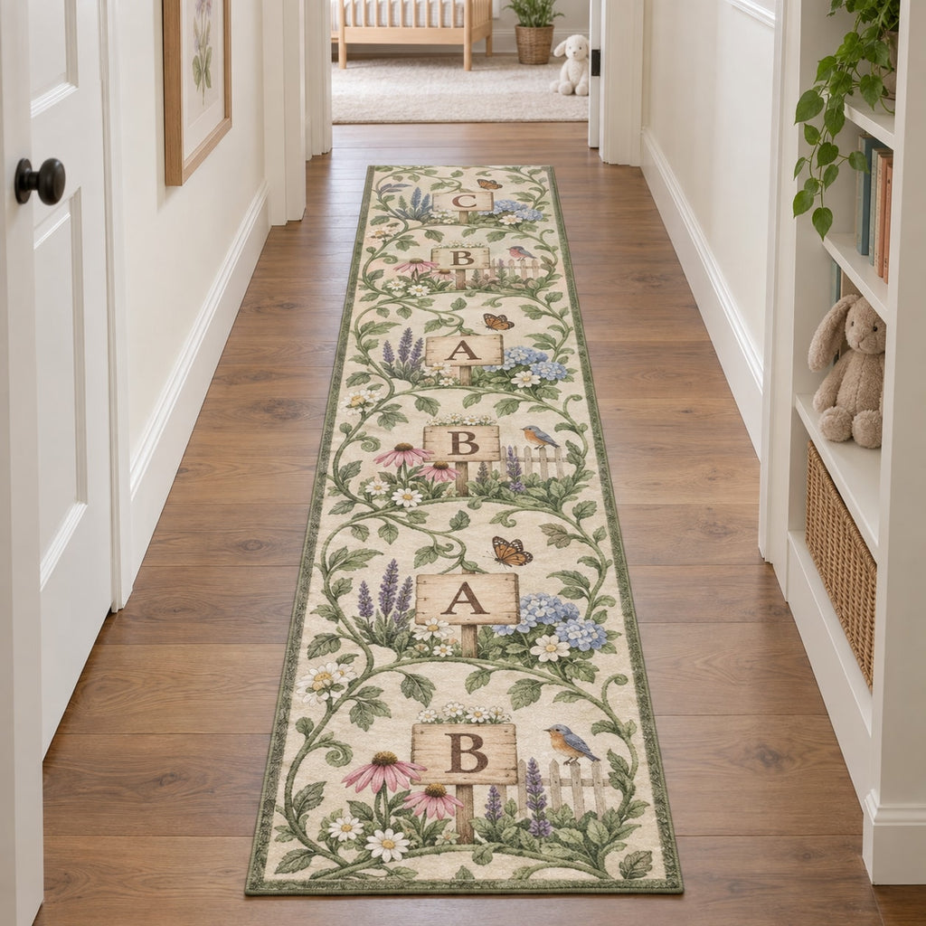 Alphabet Garden Runner Rug with dimensional printed themed artwork; representative AI-generated mockup.