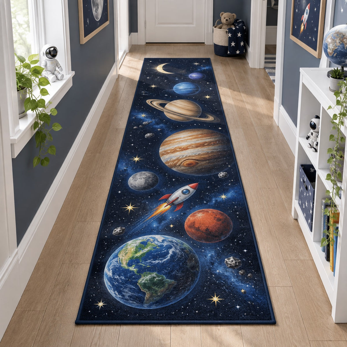 Space Explorer Planets Runner Rug with dimensional printed themed artwork; representative AI-generated mockup.