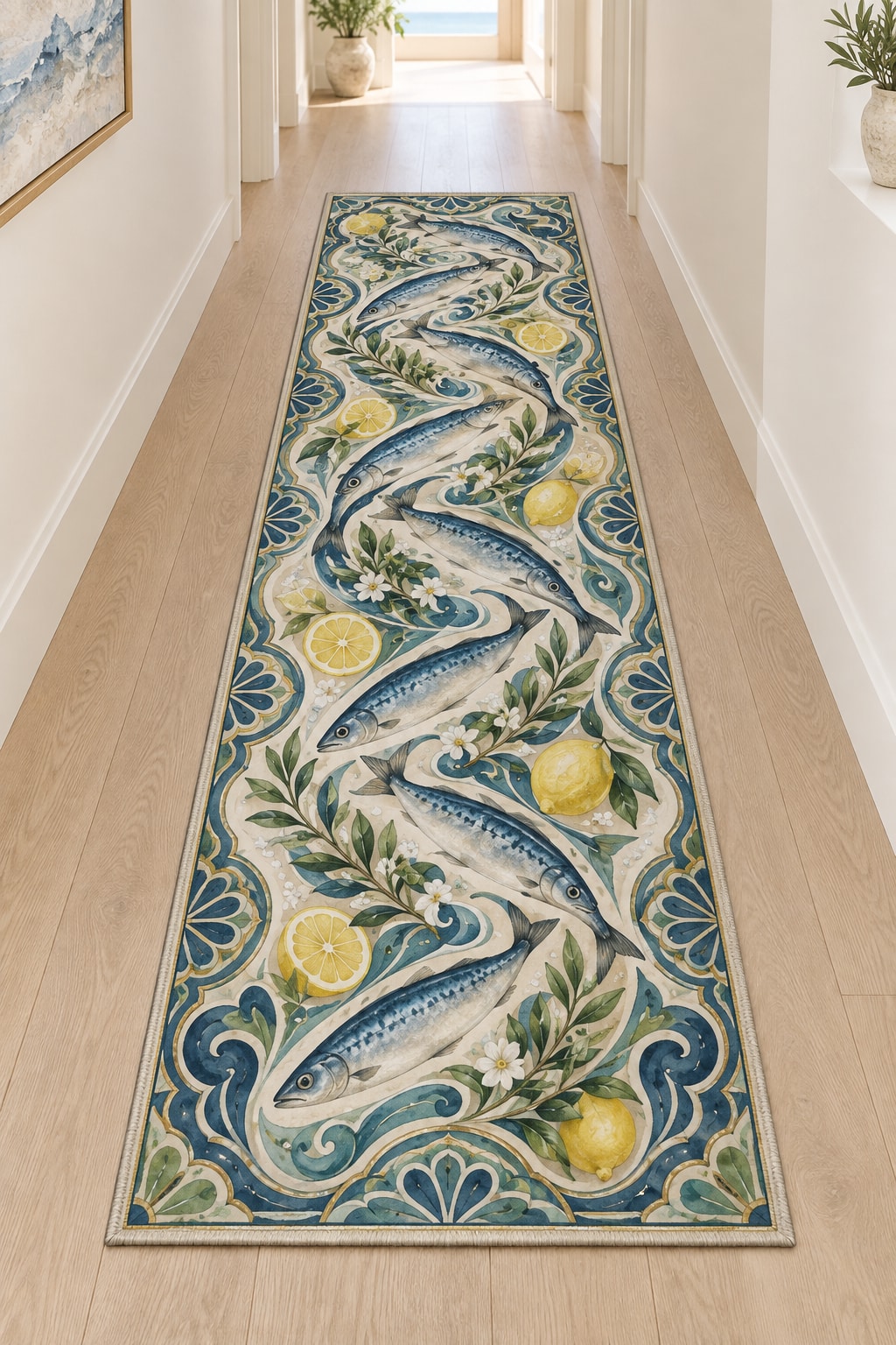 Sardine Tin Illustration Runner Rug with dimensional printed themed artwork; representative AI-generated mockup.