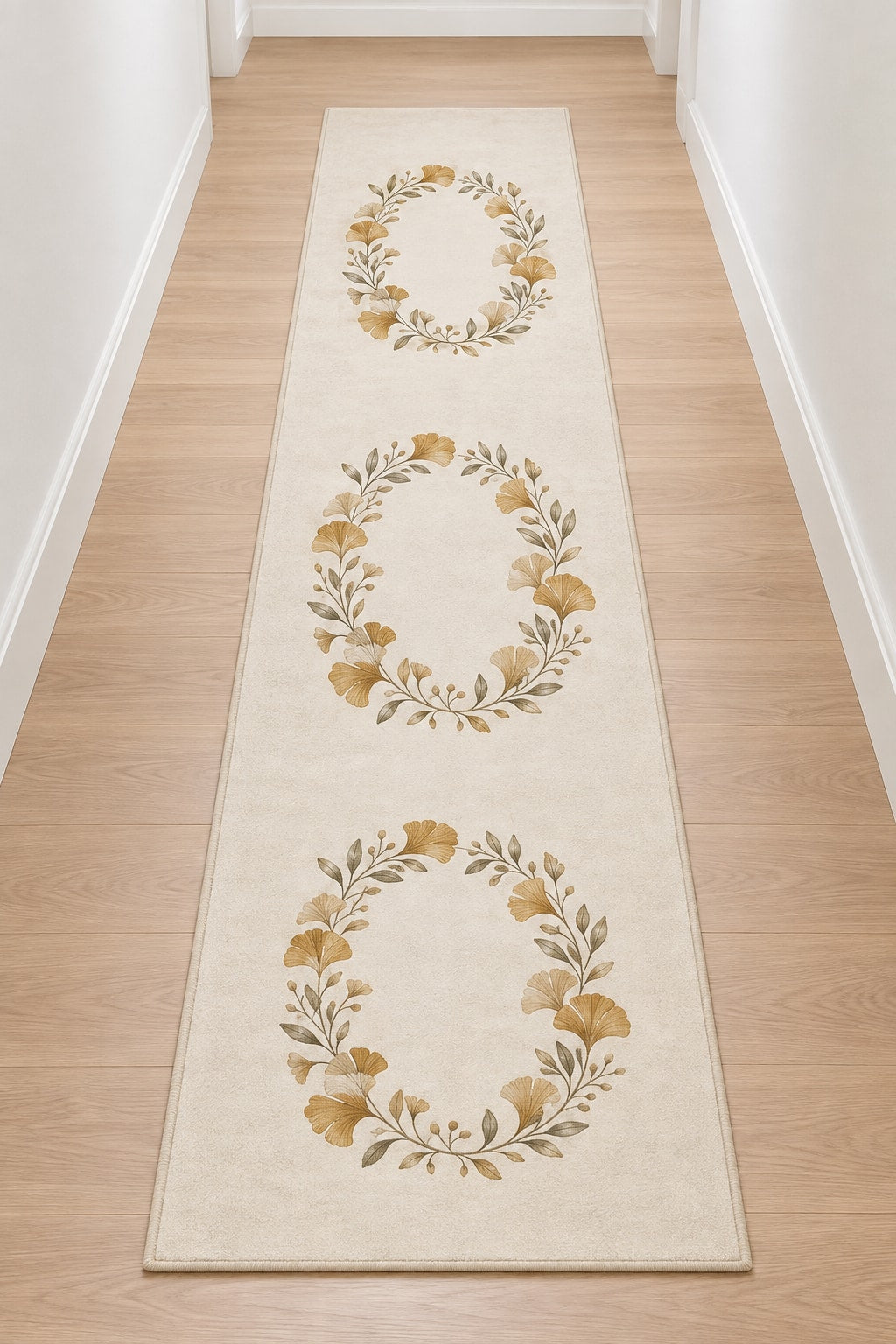Golden Anniversary Ginkgo Halo Runner Rug with dimensional printed themed artwork; representative AI-generated mockup.