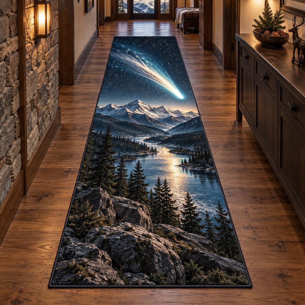 Comet Trail Runner Rug with dimensional printed themed artwork; representative AI-generated mockup.
