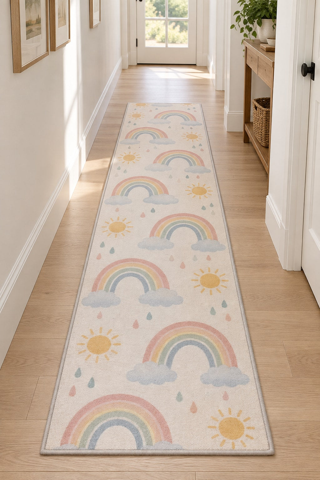 Rainbow Weather Runner Rug with dimensional printed themed artwork; representative AI-generated mockup.