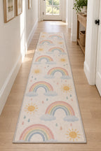 Rainbow Weather Runner Rug with dimensional printed themed artwork; representative AI-generated mockup.