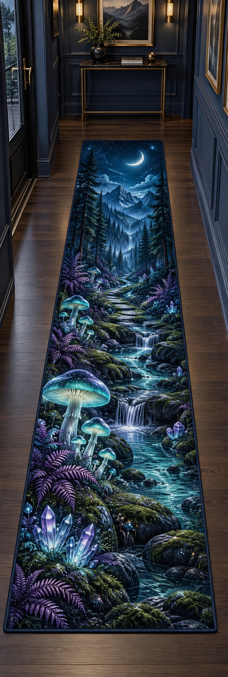 Celestial Mushroom Forest Runner Rug with dimensional printed themed artwork; representative AI-generated mockup.