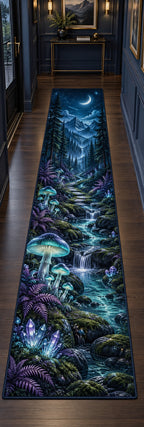 Celestial Mushroom Forest Runner Rug with dimensional printed themed artwork; representative AI-generated mockup.