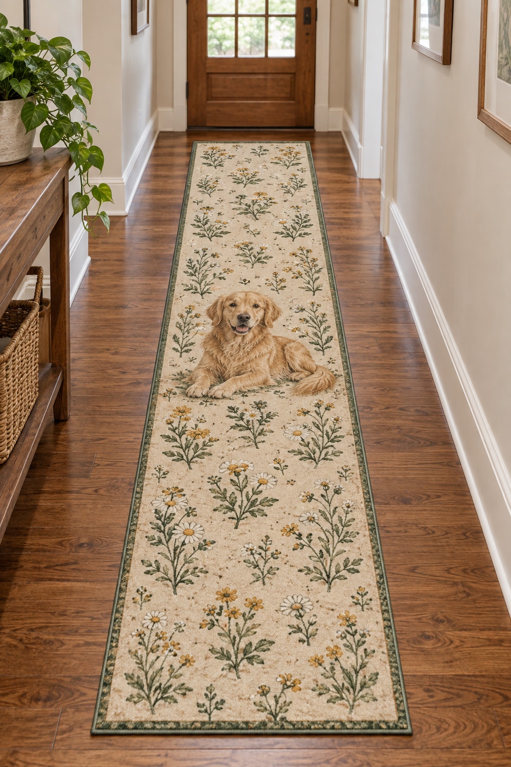Golden Retriever Runner Rug with dimensional printed themed artwork; representative AI-generated mockup.