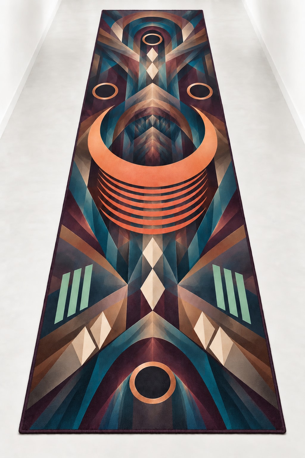 Croissant Dawn Parallax Runner Rug with dimensional printed themed artwork; representative AI-generated mockup.