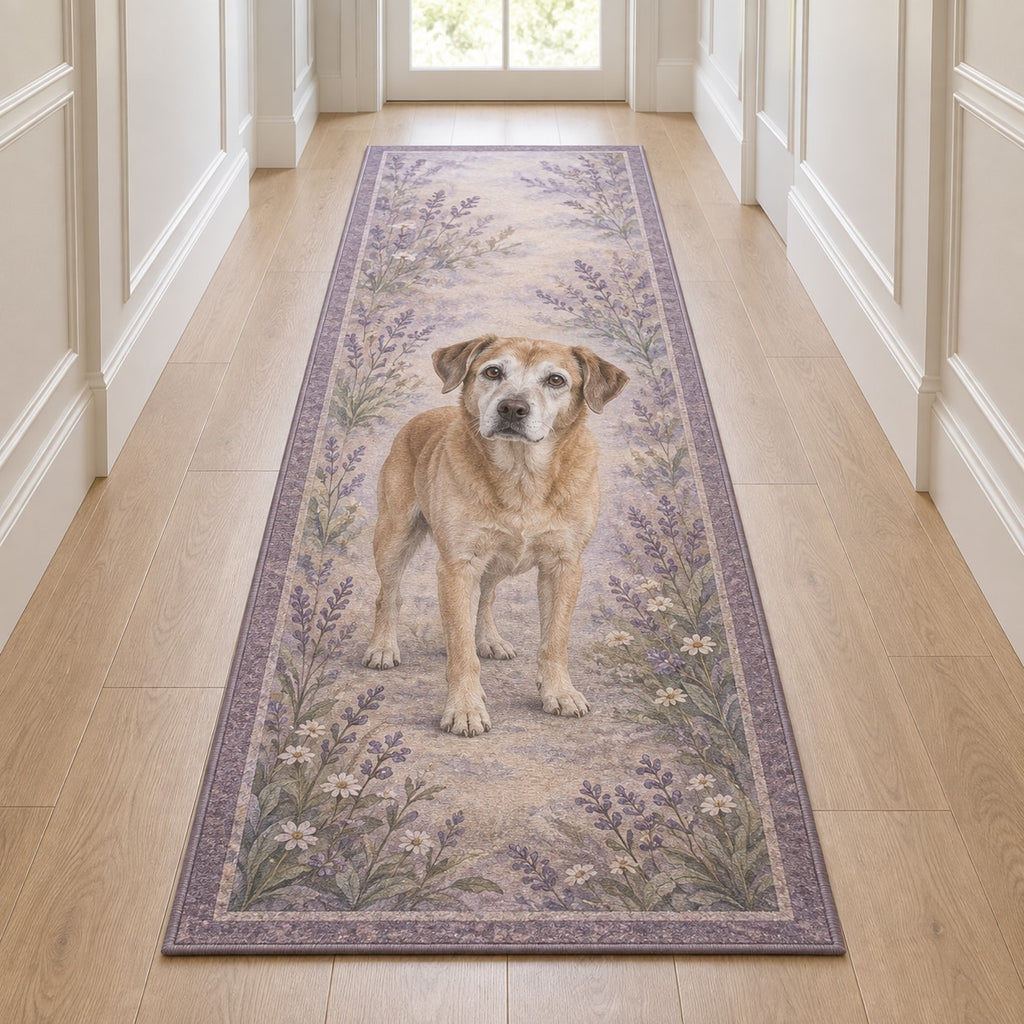 Senior Dog Companion Runner Rug with dimensional printed themed artwork; representative AI-generated mockup.