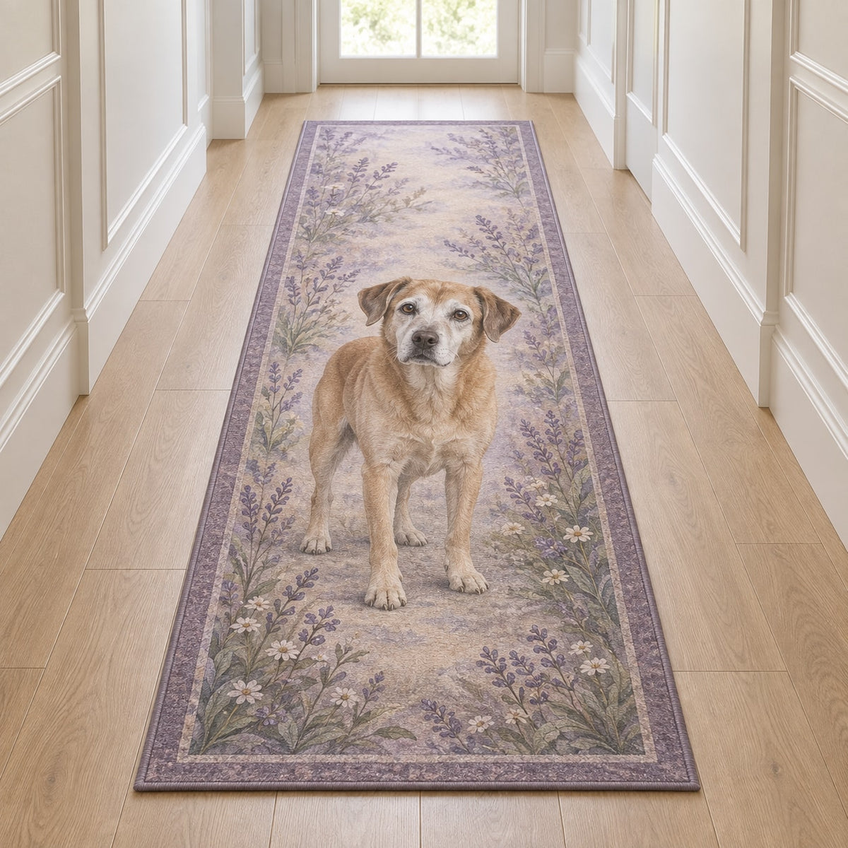 Senior Dog Companion Runner Rug with dimensional printed themed artwork; representative AI-generated mockup.