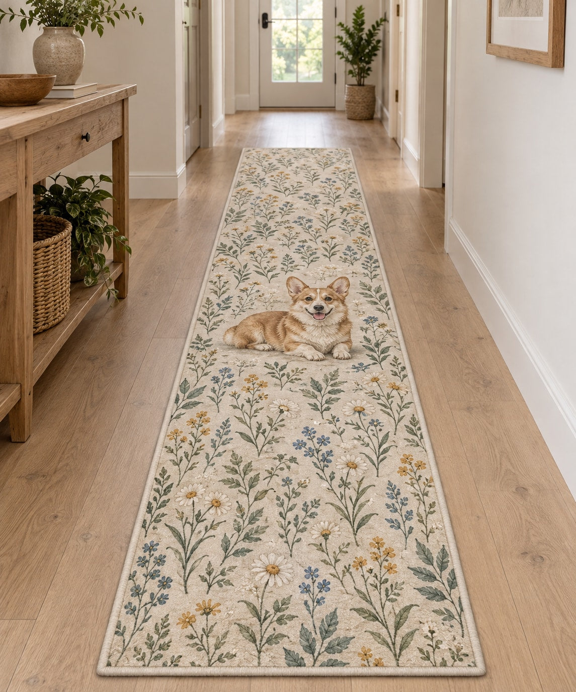 Corgi Runner Rug with dimensional printed themed artwork; representative AI-generated mockup.