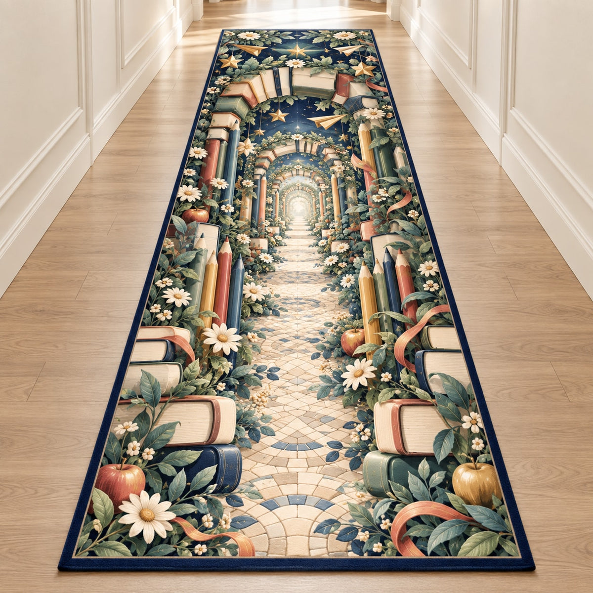 Elementary Learning Garden Runner Rug with dimensional printed themed artwork; representative AI-generated mockup.