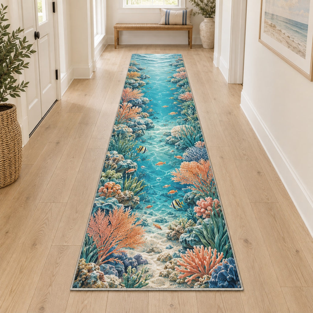 Coral Reef Runner Rug with dimensional printed themed artwork; representative AI-generated mockup.