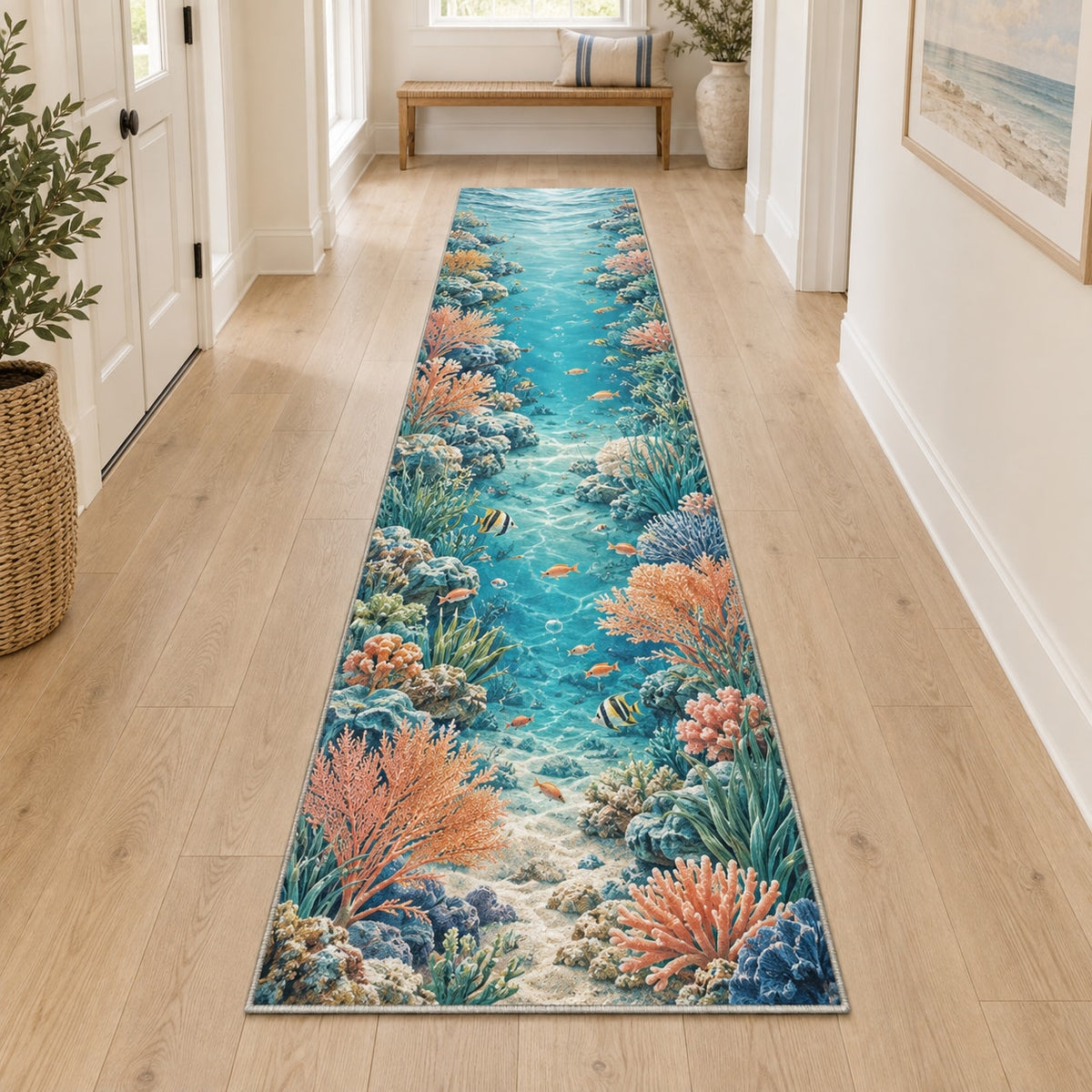 Coral Reef Runner Rug with dimensional printed themed artwork; representative AI-generated mockup.