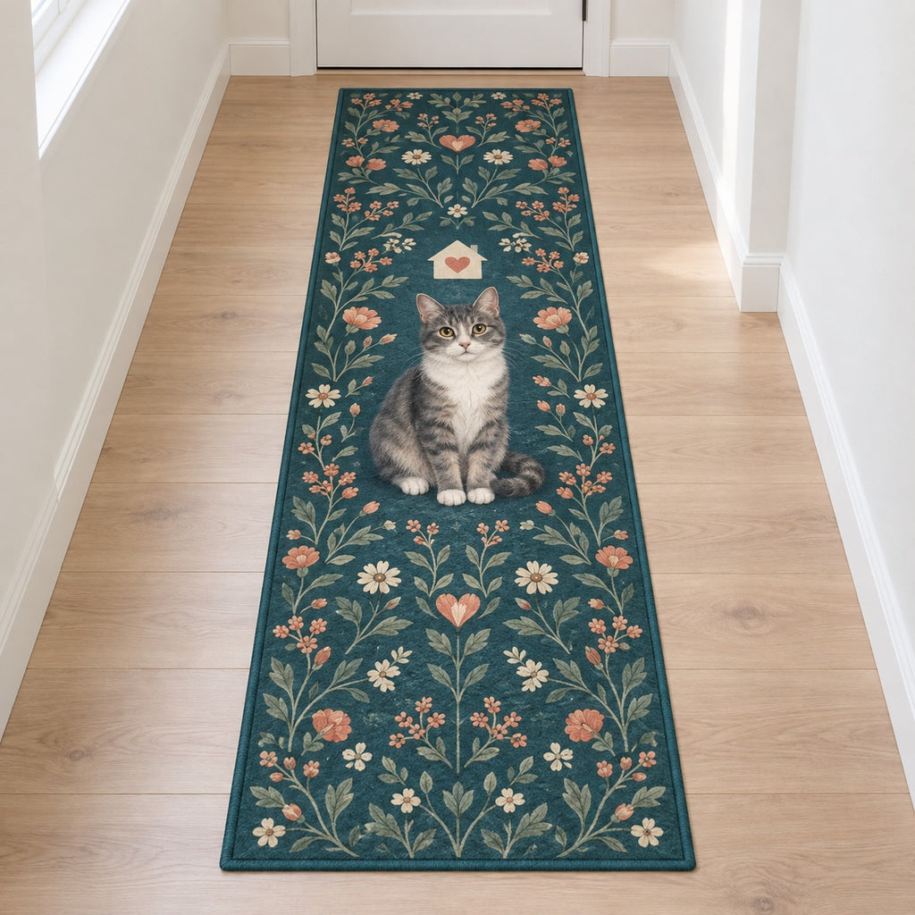 Rescue Cat Advocate Runner Rug with dimensional printed themed artwork; representative AI-generated mockup.