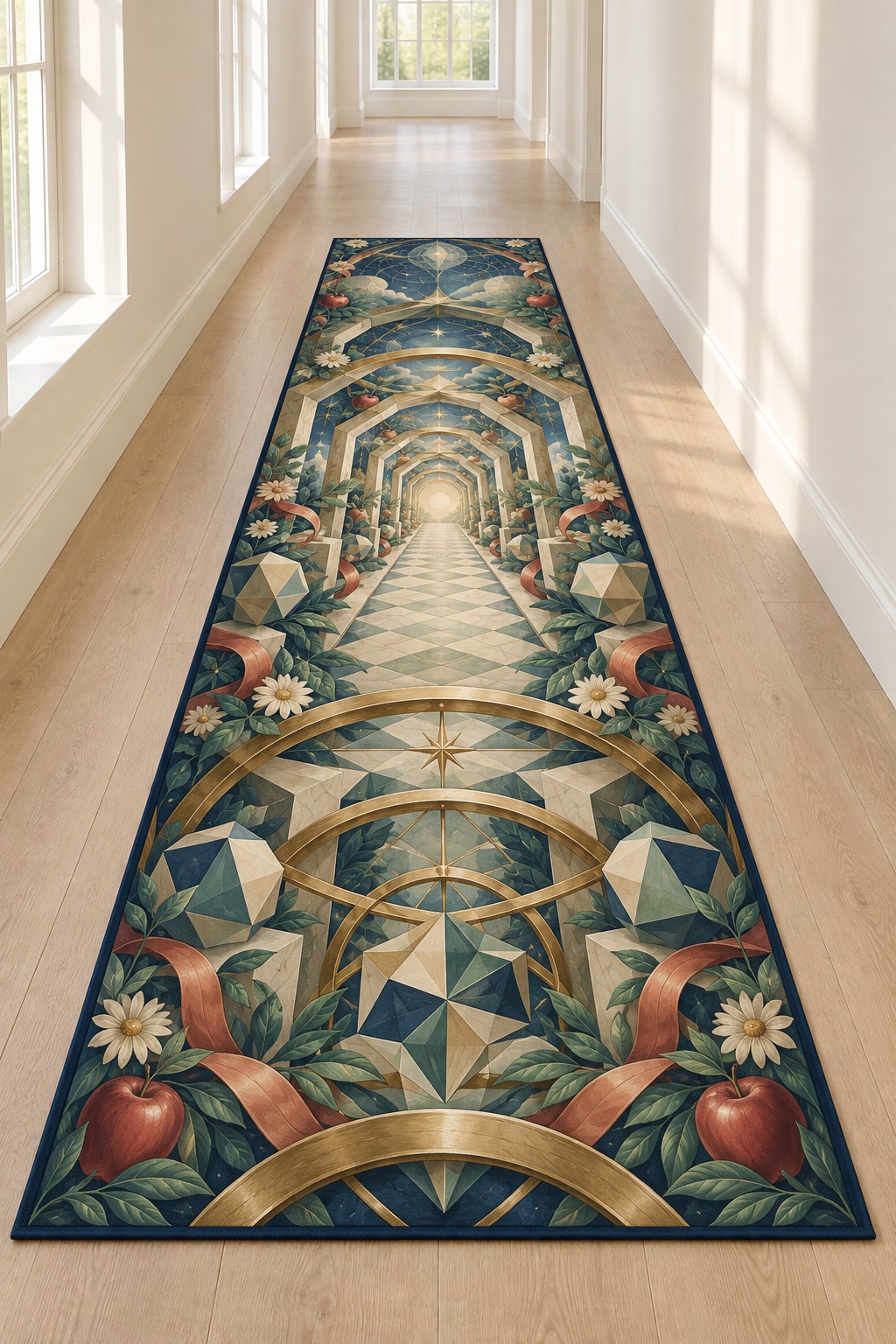 Geometric Wonder Observatory Runner Rug with dimensional printed themed artwork; representative AI-generated mockup.