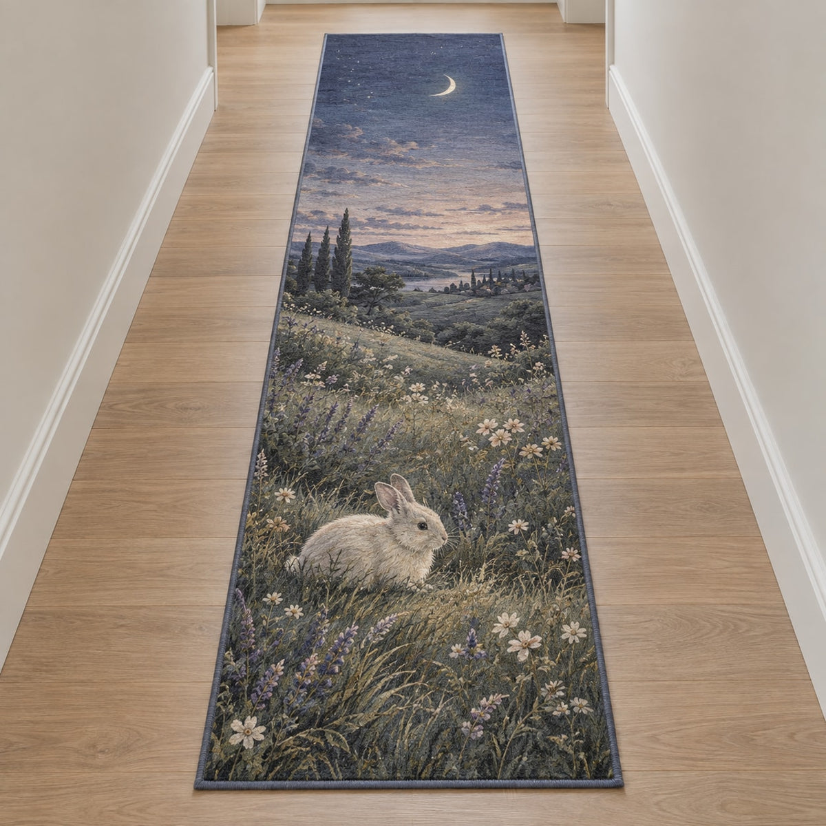 Bunny Moon Meadow Runner Rug with dimensional printed themed artwork; representative AI-generated mockup.