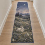 Bunny Moon Meadow Runner Rug with dimensional printed themed artwork; representative AI-generated mockup.