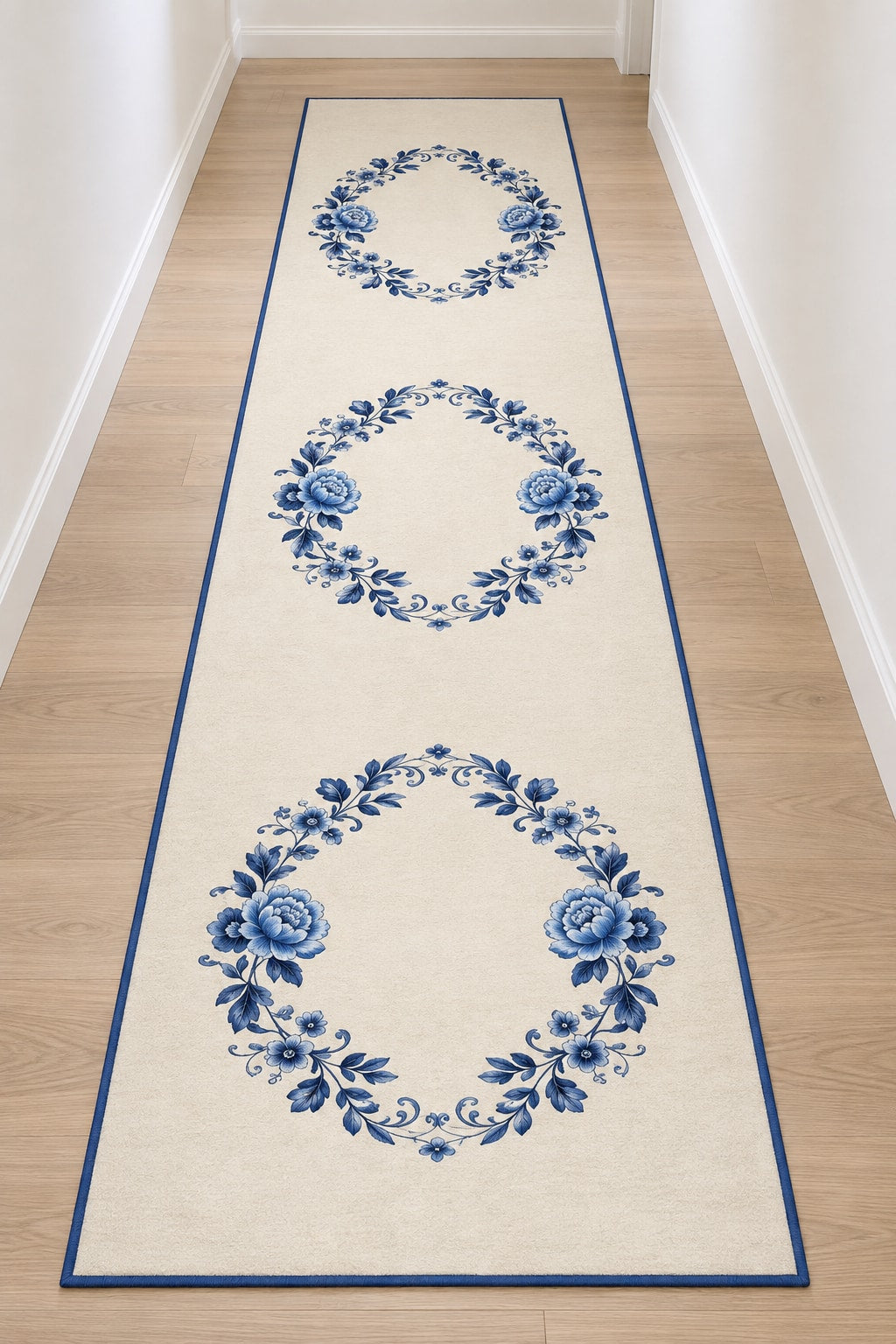 Blue Porcelain Wedding Wreath Runner Rug with dimensional printed themed artwork; representative AI-generated mockup.