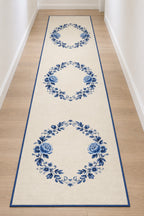 Blue Porcelain Wedding Wreath Runner Rug with dimensional printed themed artwork; representative AI-generated mockup.