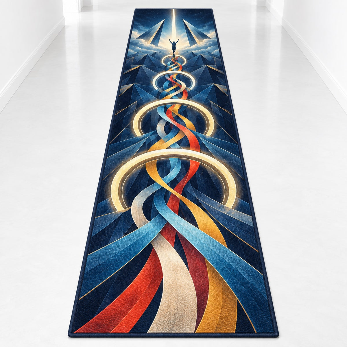 Cadence Crown Convergence Runner Rug with dimensional printed themed artwork; representative AI-generated mockup.