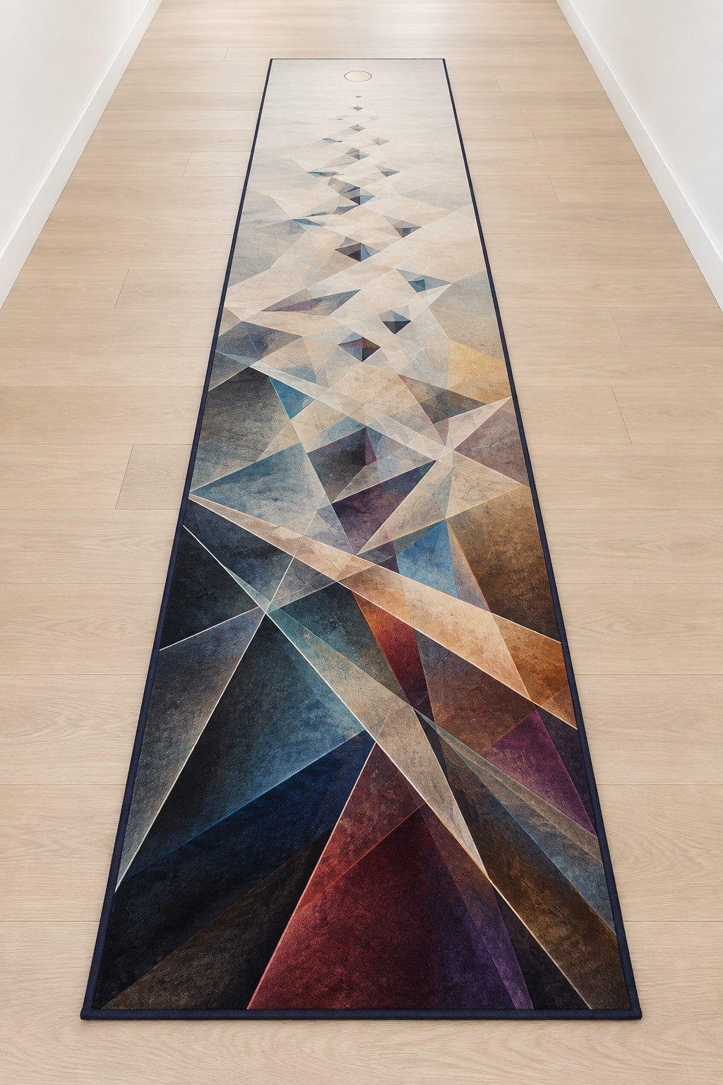 Lumen Parallax Field Runner Rug with dimensional printed themed artwork; representative AI-generated mockup.